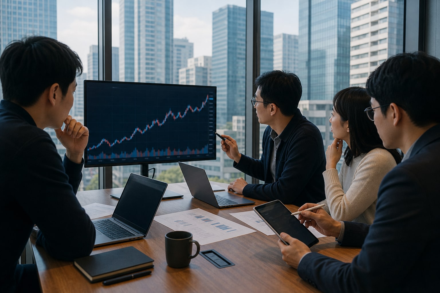 서울 금융 오피스에서 한국 IT 시장 분석가들이 시장 차트를 보며 논의하는 실사형 뉴스 사진